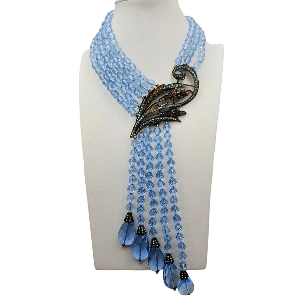 Blue Beaded Tassel‎ Necklace Heidi Daus Swarovski Crystal Layered Runway Fringe